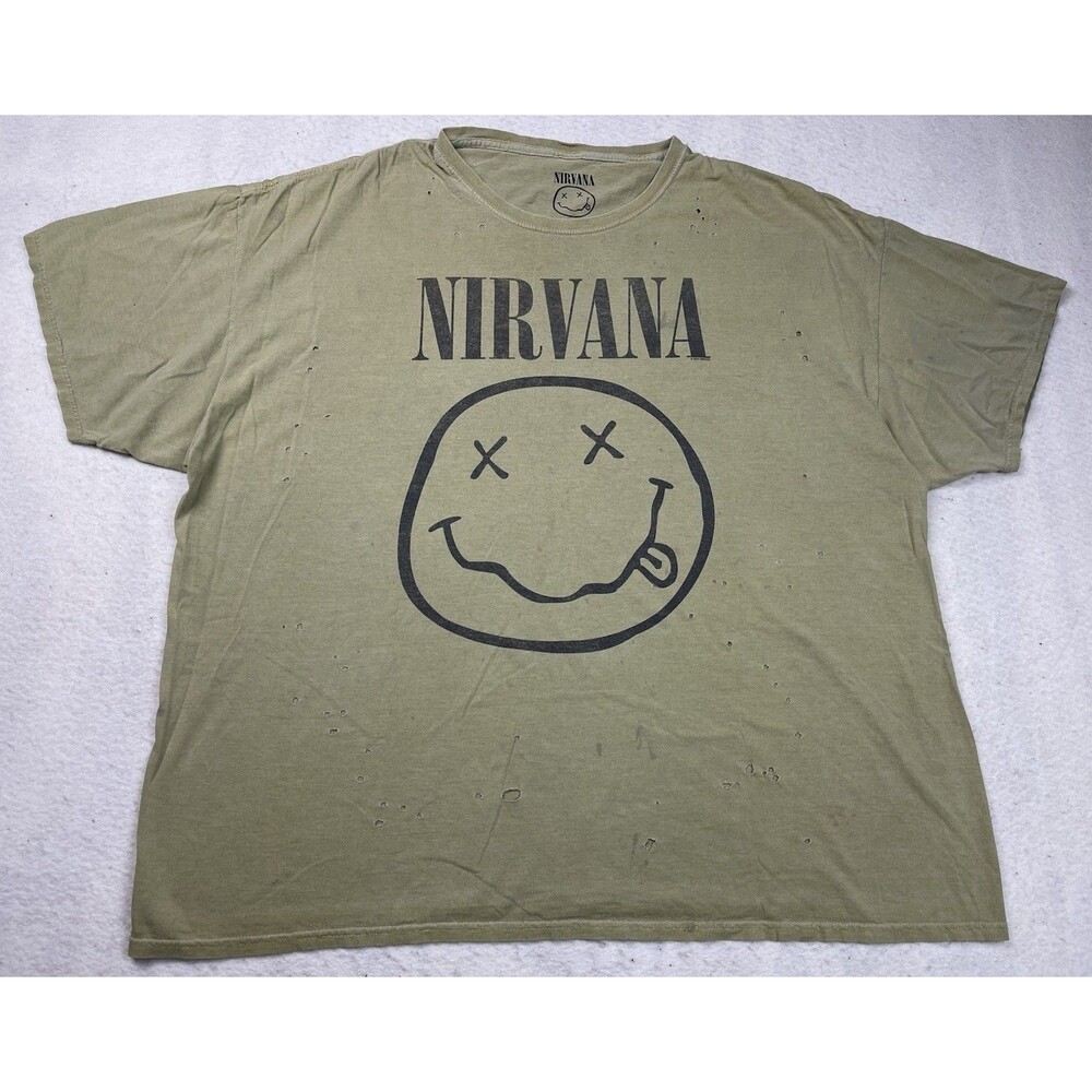 Nirvana Oversized Black Smiley Face Graphic Olive Green Distressed Holes T-Shirt
